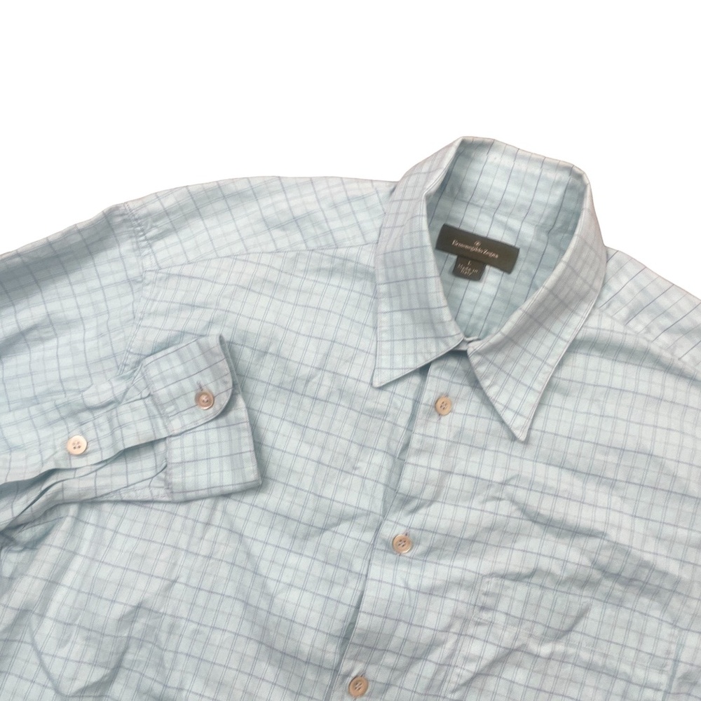 Ermenegildo Zegna Large Mens Long Sleeve Pockets Green Blue Plaid Dress Shirt